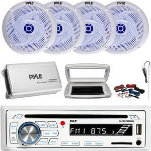 Pyle PLCDBT65 Single-DIN Marine Bluetooth USB/AUX CD Player AM/FM Stereo Receiver W/White Cover, 4x 8'' 320 Watt Max Power 2-Way Low Profile Blue LED White Speakers, 4 Channel Amplifier W/Kit, Antenna