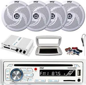 Pyle PLCDBT65 Single-DIN Marine Bluetooth USB/AUX CD Player AM/FM Stereo Receiver W/White Cover, 4x 8'' 320W Max Power Low Profile 2-Way White Speakers, 4 Channel 400W Max Amplifier W/Kit, Antenna
