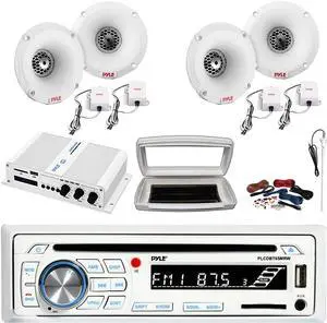 Pyle PLCDBT65 Single-DIN Marine Bluetooth USB/AUX CD Player AM/FM Stereo Receiver W/White Cover, 4x 1" 120W Max Power PEI Dome Tweeters White Boat Speakers, 4 Channel 400W Max Amplifier W/Kit, Antenna