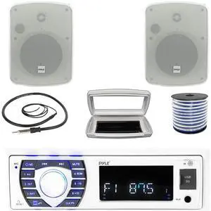 Pyle PLRMR23BTW Single-DIN Bluetooth Marine USB/AUX MP3/SD AM/FM Radio Stereo Receiver W/White Cover, 2x Pyle 5.25" 800W Max Power Indoor/Outdoor White Waterproof Speakers W/50 Feet Wire, Antenna