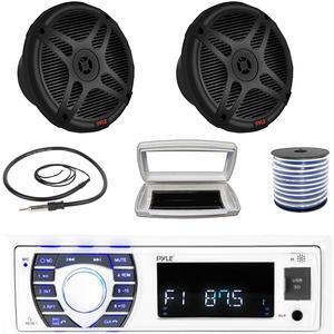 Pyle PLRMR23BTW Single-DIN Bluetooth Marine USB/AUX MP3/SD AM/FM Radio Stereo Receiver W/White Cover, 2x 6.5" 600W Max Power Dual Marine 2-way Coaxial Range Amplified Speakers W/50 Feet Wire, Antenna