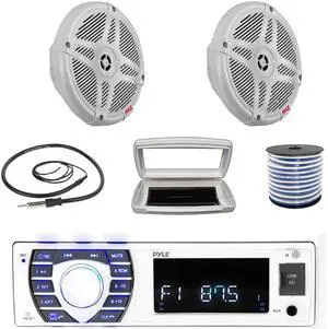 Pyle PLRMR23BTW Single-DIN Bluetooth Marine USB/AUX MP3/SD AM/FM Radio Stereo Receiver W/White Cover, 2x 6.5" 600W Max Power Dual 2-Way Coaxial Range Amplified White Speakers W/50 Feet Wire, Antenna