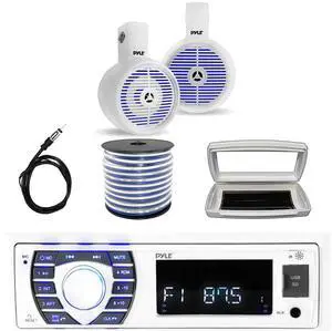 Pyle PLRMR23BTW Single-DIN Bluetooth Marine USB/AUX MP3/SD AM/FM Radio Stereo Receiver W/White Cover, 2x 6.5" 200 Watt Max Power Wakeboard White Boat LED Speakers W/50 Feet 18G Wire, 22" Radio Antenna