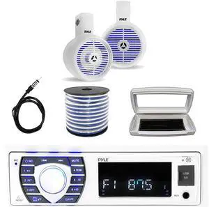 Pyle PLRMR23BTW Single-DIN Bluetooth Marine USB/AUX MP3/SD AM/FM Radio Stereo Receiver W/White Cover, 2x 8" 300W Max Power 2-Way Marine Wakeboard LED White Speakers, 50 Feet 18G Speaker Wire, Antenna