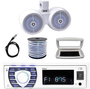 Pyle PLRMR23BTW Single-DIN Bluetooth Marine USB/AUX MP3/SD AM/FM Radio Stereo Receiver W/White Cover, Dual 6.5" 200W Max Power 2-Way LED Off-Road Tower White Speakers W/50 Feet Wire, Radio Antenna