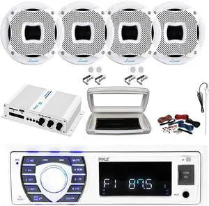 Pyle PLRMR23BTW Single-DIN Bluetooth Marine USB/AUX MP3/SD AM/FM Radio Stereo Receiver W/White Cover, 4x 6.5" 450W Max Power 2-Way Boat Component White Speakers, 4 Channel Amplifier W/Kit, Antenna