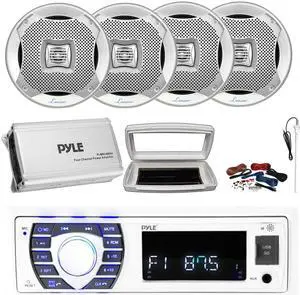 Pyle PLRMR23BTW Single-DIN Bluetooth Marine USB/AUX MP3/SD AM/FM Radio Stereo Receiver W/White Cover, 4x 6.5" 400W Max Power 2-Way Water Resistant Silver Speakers, 4 Channel Amplifier W/Kit, Antenna