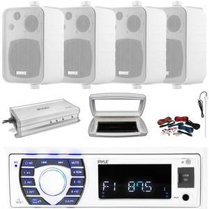 Pyle PLRMR23BTW Single-DIN Bluetooth Marine USB/AUX MP3/SD AM/FM Radio Stereo Receiver W/White Cover, 4x 4" 30W Max Power 3-Way In Door/Out Door White Box Speakers, 4 Channel Amplifier, Radio Antenna