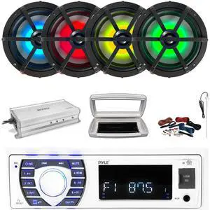 Pyle PLRMR23BTW Single-DIN Bluetooth Marine USB/AUX MP3/SD AM/FM Radio Stereo Receiver W/White Cover, 4x Enrock 6.5" 120W Max Power RGB LED Coaxial Boat Speakers, 4 Channel Amplifier W/Kit, Antenna