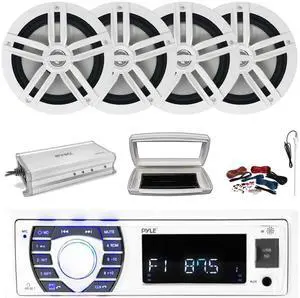 Pyle PLRMR23BTW Single-DIN Bluetooth Marine USB/AUX MP3/SD AM/FM Radio Stereo Receiver W/White Cover, 4x Enrock 6.5" 180W Max Power 2-Way Boat Audio White Speakers, 4 Channel Amplifier W/Kit, Antenna