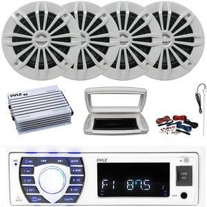 Pyle PLRMR23BTW Single-DIN Bluetooth Marine USB/AUX MP3/SD AM/FM Radio Stereo Receiver W/White Cover, 4x Enrock 6.5" 180W Max Power 2-Way Boat White Speakers, 4 Channel Amplifier W/Kit, Radio Antenna