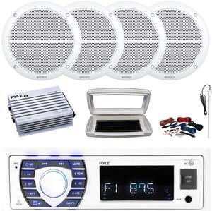 Pyle PLRMR23BTW Single-DIN Bluetooth Marine USB/AUX MP3/SD AM/FM Radio Stereo Receiver W/White Cover, 4x Enrock 6.5" 90W Max Power 2-Way Full Range White Speakers, 4 Channel Amplifier W/Kit, Antenna