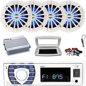 Pyle PLRMR23BTW Single-DIN Bluetooth Marine USB/AUX MP3/SD AM/FM Radio Stereo Receiver W/White Cover, 4x 6.5" 180W Max Power 2-Way Blue LED White Speakers, 4 Channel Amplifier W/Kit, Radio Antenna