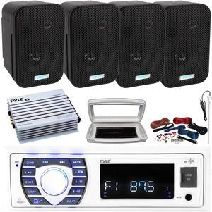 Pyle PLRMR23BTW Single-DIN Bluetooth Marine USB/AUX MP3/SD AM/FM Radio Stereo Receiver W/White Cover, 4x 3.5" 300 Watts Max Power Indoor/Outdoor Waterproof Speakers, 4 Channel Amplifier W/Kit, Antenna