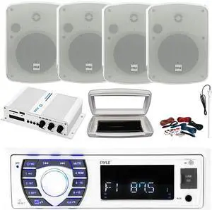 Pyle PLRMR23BTW Single-DIN Bluetooth Marine USB/AUX MP3/SD AM/FM Radio Stereo Receiver W/White Cover, 4x 5.25" 800W Max Power Indoor/Outdoor White Speakers, 4 Channel Amplifier W/Kit, Radio Antenna
