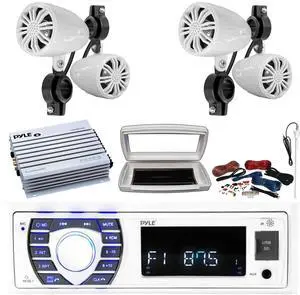 Pyle PLRMR23BTW Single-DIN Bluetooth Marine USB/AUX MP3/SD AM/FM Radio Stereo Receiver W/White Cover, 4x 2.25' 10W Max Power Full Range Off-Road White Speakers, 4 Channel Amplifier W/Kit, Antenna