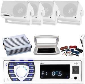 Pyle PLRMR23BTW Single-DIN Bluetooth Marine USB/AUX MP3/SD AM/FM Radio Stereo Receiver W/White Cover, 4x 3.5'' 200W Max 3-Way Weather Proof Mini Box White Speakers, 4 Channel Amplifier W/Kit, Antenna