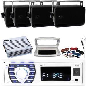 Pyle PLRMR23BTW Single-DIN Bluetooth Marine USB/AUX MP3/SD AM/FM Radio Stereo Receiver W/White Cover, 4x 3.5'' 200W Max 3-Way Indoor/Outdoor Wall Mount Speakers, 4 Channel Amplifier W/Kit, Antenna