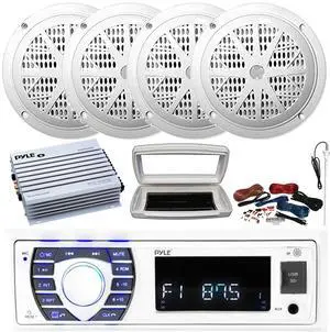 Pyle PLRMR23BTW Single-DIN Bluetooth Marine USB/AUX MP3/SD AM/FM Radio Stereo Receiver W/White Cover, 4x Pyle PLMR41W 4'' 100W Max Power Dual Cone White Speakers, 4 Channel Amplifier W/Kit, Antenna
