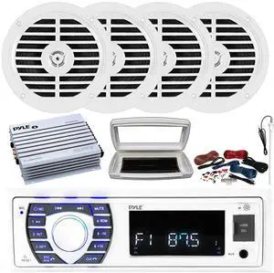 Pyle PLRMR23BTW Single-DIN Bluetooth Marine USB/AUX MP3/SD AM/FM Radio Stereo Receiver W/White Cover, 4x 5.25" 100W Max Power Dual Cone Full Range White Speakers, 4 Channel Amplifier W/Kit, Antenna