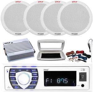 Pyle PLRMR23BTW Single-DIN Bluetooth Marine USB/AUX MP3/SD AM/FM Radio Stereo Receiver W/White Cover, 4x 6.5'' 400W Max Power Dual Cone 2-way Full Range Speakers, 4 Channel Amplifier W/Kit, Antenna
