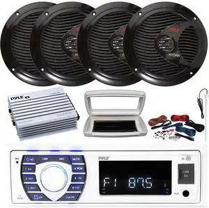 Pyle PLRMR23BTW Single-DIN Bluetooth Marine USB/AUX MP3/SD AM/FM Radio Stereo Receiver W/White Cover, 4x 6.5" 150W Max Power Full Range Dual Cone Black Speakers, 4 Channel Amplifier W/Kit, Antenna