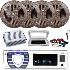 Pyle PLRMR23BTW Single-DIN Bluetooth Marine USB/AUX MP3/SD AM/FM Radio Stereo Receiver W/White Cover, 4x 6.5'' 150W Max Power Full Range Camouflage Speakers, 4 Channel Amplifier W/Kit, Radio Antenna