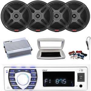 Pyle PLRMR23BTW Single-DIN Bluetooth Marine USB/AUX MP3/SD AM/FM Radio Stereo Receiver W/White Cover, 4x 6.5" 600W Max Power 2-Way Coaxial Full-Range Black Speakers, 4 Channel Amplifier W/Kit, Antenna