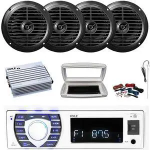 Pyle PLRMR23BTW Single-DIN Bluetooth Marine USB/AUX MP3/SD AM/FM Radio Stereo Receiver W/White Cover, 4x 6.5'' 120W Max Power Dual Cone Waterproof Black Speakers, 4 Channel Amplifier W/Kit, Antenna