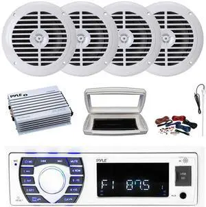 Pyle PLRMR23BTW Single-DIN Bluetooth Marine USB/AUX MP3/SD AM/FM Radio Stereo Receiver W/White Cover, 4x 6.5'' 120W Max Power Dual Cone Full Range White Speakers, 4 Channel Amplifier W/Kit, Antenna