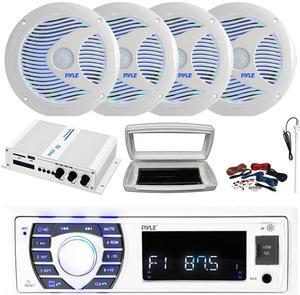 Pyle PLRMR23BTW Single-DIN Bluetooth Marine USB/AUX MP3/SD AM/FM Radio Stereo Receiver W/White Cover, 4x 6.5'' 150W Max Power Dual Cone RGB LED Boat White Speakers, 4 Channel Amplifier W/Kit, Antenna