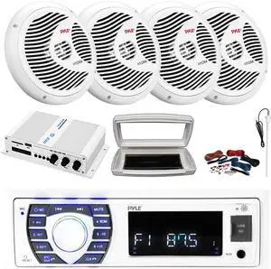 Pyle PLRMR23BTW Single-DIN Bluetooth Marine USB/AUX MP3/SD AM/FM Radio Stereo Receiver W/White Cover, 4x 8'' 180W Max Power Waterproof Full Range White Speakers, 4 Channel Amplifier W/Kit, Antenna