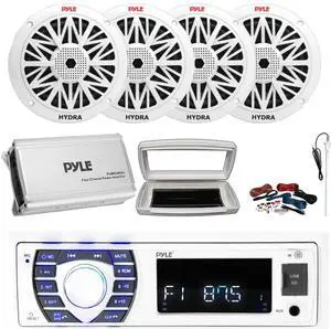 Pyle PLRMR23BTW Single-DIN Bluetooth Marine USB/AUX MP3/SD AM/FM Radio Stereo Receiver W/White Cover, 4x Pyle PLMR82 8" 300W Max Power 2-Way Boat White Speakers, 4 Channel Amplifier, Radio Antenna