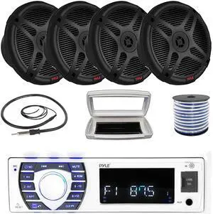 Pyle PLRMR23BTW Single-DIN Bluetooth Marine USB/AUX MP3/SD AM/FM Radio Stereo Receiver W/White Cover, 4x 6.5" 600W Max Power Dual Marine 2-way Coaxial Range Amplified Speakers W/50 Feet Wire, Antenna