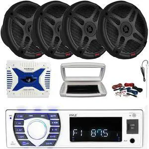 Pyle PLRMR23BTW Single-DIN Bluetooth Marine USB/AUX MP3/SD AM/FM Radio Stereo Receiver W/White Cover, 4x 6.5" 600W Max Power Dual 2-way Coaxial Range Speakers, 4 Channel Amplifier W/Kit, Radio Antenna
