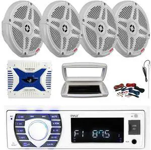 Pyle PLRMR23BTW Single-DIN Bluetooth Marine USB/AUX MP3/SD AM/FM Radio Stereo Receiver W/White Cover, 4x 6.5" 600W Max Power Dual 2-Way Amplified White Speakers, 4 Channel Amplifier W/Kit, Antenna