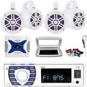 Pyle PLRMR23BTW Single-DIN Bluetooth Marine USB/AUX MP3/SD AM/FM Radio Stereo Receiver W/White Cover, 4x 4" 300W Max Power Multicolor LED Tower White Speakers, 4 Channel Amplifier W/Kit, Radio Antenna