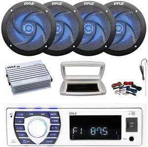 Pyle PLRMR23BTW Single-DIN Bluetooth Marine USB/AUX MP3/SD AM/FM Radio Stereo Receiver W/White Cover, 4x 5.25" 180W Max Power 2-Way Low Profile Blue LED Speakers, 4 Channel Amplifier W/Kit, Antenna