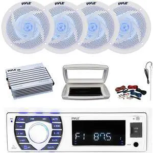 Pyle PLRMR23BTW Single-DIN Bluetooth Marine USB/AUX MP3/SD AM/FM Radio Stereo Receiver W/White Cover, 4x 5.25" 180W Max Power 2-Way Blue LED White Speakers, 4 Channel Amplifier W/Kit, Radio Antenna