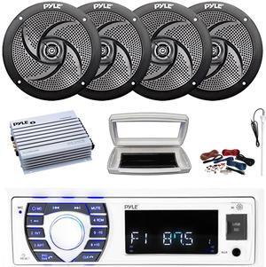 Pyle PLRMR23BTW Single-DIN Bluetooth Marine USB/AUX MP3/SD AM/FM Radio Stereo Receiver W/White Cover, 4x 5.25" 180W Max Power 2-Way Low Profile Boat Black Speakers, 4 Channel Amplifier W/Kit, Antenna