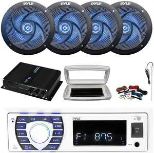 Pyle PLRMR23BTW Single-DIN Bluetooth Marine USB/AUX MP3/SD AM/FM Radio Stereo Receiver W/White Cover, 4x 6'' 240W Max Power 2-Way Blue LED Boat Black Speakers, 4 Channel Amplifier W/Kit, Radio Antenna
