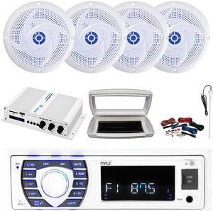 Pyle PLRMR23BTW Single-DIN Bluetooth Marine USB/AUX MP3/SD AM/FM Radio Stereo Receiver W/White Cover, 4x 6'' 240W Max Power 2-Way Blue LED Boat White Speakers, 4 Channel Amplifier W/Kit, Radio Antenna