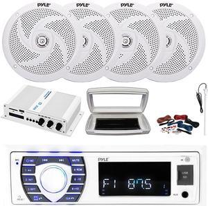 Pyle PLRMR23BTW Single-DIN Bluetooth Marine USB/AUX MP3/SD AM/FM Radio Stereo Receiver W/White Cover, 4x 6'' 240W Max Power Low Profile 2-Way Boat White Speakers, 4 Channel Amplifier W/Kit, Antenna