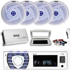 Pyle PLRMR23BTW Single-DIN Bluetooth Marine USB/AUX MP3/SD AM/FM Radio Stereo Receiver W/White Cover, 4x 8'' 320 Watt Max Power 2-Way Blue LED White Speakers, 4 Channel Amplifier W/Kit, Radio Antenna