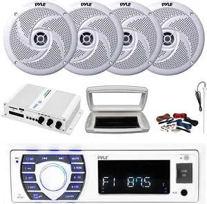 Pyle PLRMR23BTW Single-DIN Bluetooth Marine USB/AUX MP3/SD AM/FM Radio Stereo Receiver W/White Cover, 4x 8'' 320W Max Power Low Profile 2-Way Boat White Speakers, 4 Channel Amplifier W/Kit, Antenna
