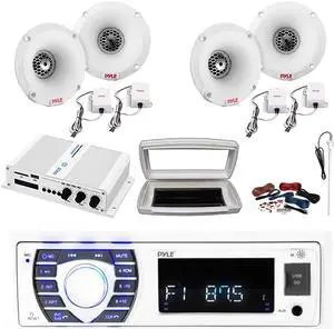 Pyle PLRMR23BTW Single-DIN Bluetooth Marine USB/AUX MP3/SD AM/FM Radio Stereo Receiver W/White Cover, 4x 1" 120 Watt Peak Power PEI Dome Tweeters White Speakers, 4 Channel Amplifier W/Kit, Antenna