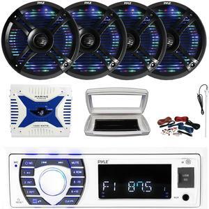 Pyle PLRMR23BTW Single-DIN Bluetooth Marine USB/AUX MP3/SD AM/FM Radio Stereo Receiver W/White Cover, 4x 6.5" 250W Max Power Dual Multi Color LED Black Speakers, 4 Channel Amplifier W/Kit, Antenna