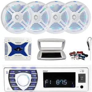 Pyle PLRMR23BTW Single-DIN Bluetooth Marine USB/AUX MP3/SD AM/FM Radio Stereo Receiver W/White Cover, 4x 6.5" 250W Max Power Dual Cone Multicolor LED White Speakers, 4 Channel Amplifier W/Kit, Antenna