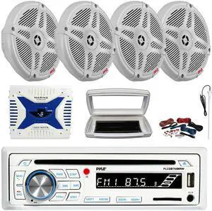 Pyle PLCDBT65 Single-DIN Marine Bluetooth USB/AUX CD Player AM/FM Stereo Receiver W/White Cover, 4x 6.5" 600W Max Power Dual 2-Way Amplified Boat Speakers, 4 Channel 1000W Max Amplifier W/Kit, Antenna