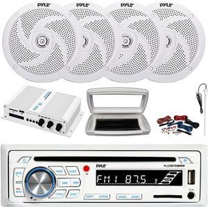 Pyle PLCDBT65 Single-DIN Marine Bluetooth USB/AUX CD Player AM/FM Stereo Receiver W/White Cover, 4x 6'' 240W Max Power Low Profile 2-Way Speakers, 4 Channel 400W Max Amplifier W/Kit, Radio Antenna